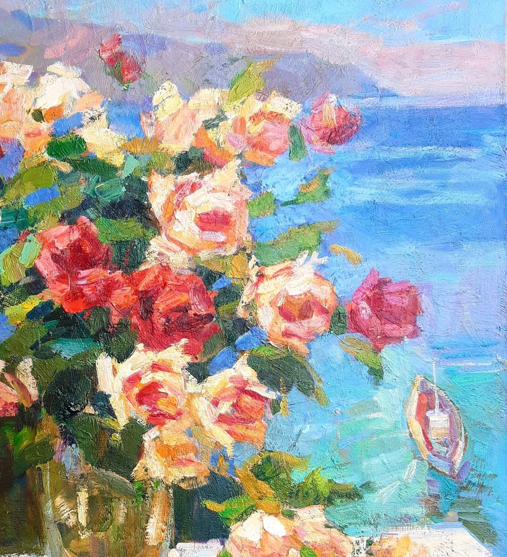 Vyacheslav Pereta's oil portrayal of roses and a yacht sailing at sea