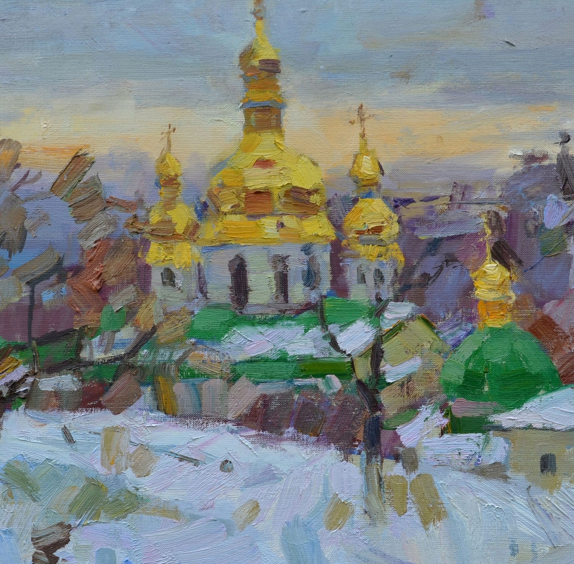 Vyacheslav Pereta's oil painting capturing "Winter in the Lavra"
