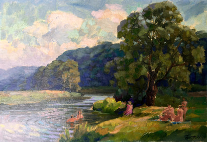 Oil painting Rest by the river Batrakov Vladimir Grigorievich