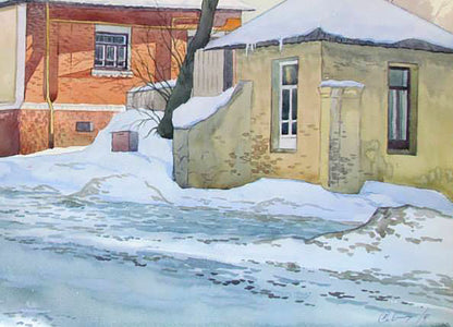 Watercolor painting Covered with snow outside Valery Savenets
