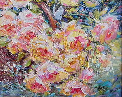 Artim's "Basket of Pink Roses" artwork, radiating floral charm.