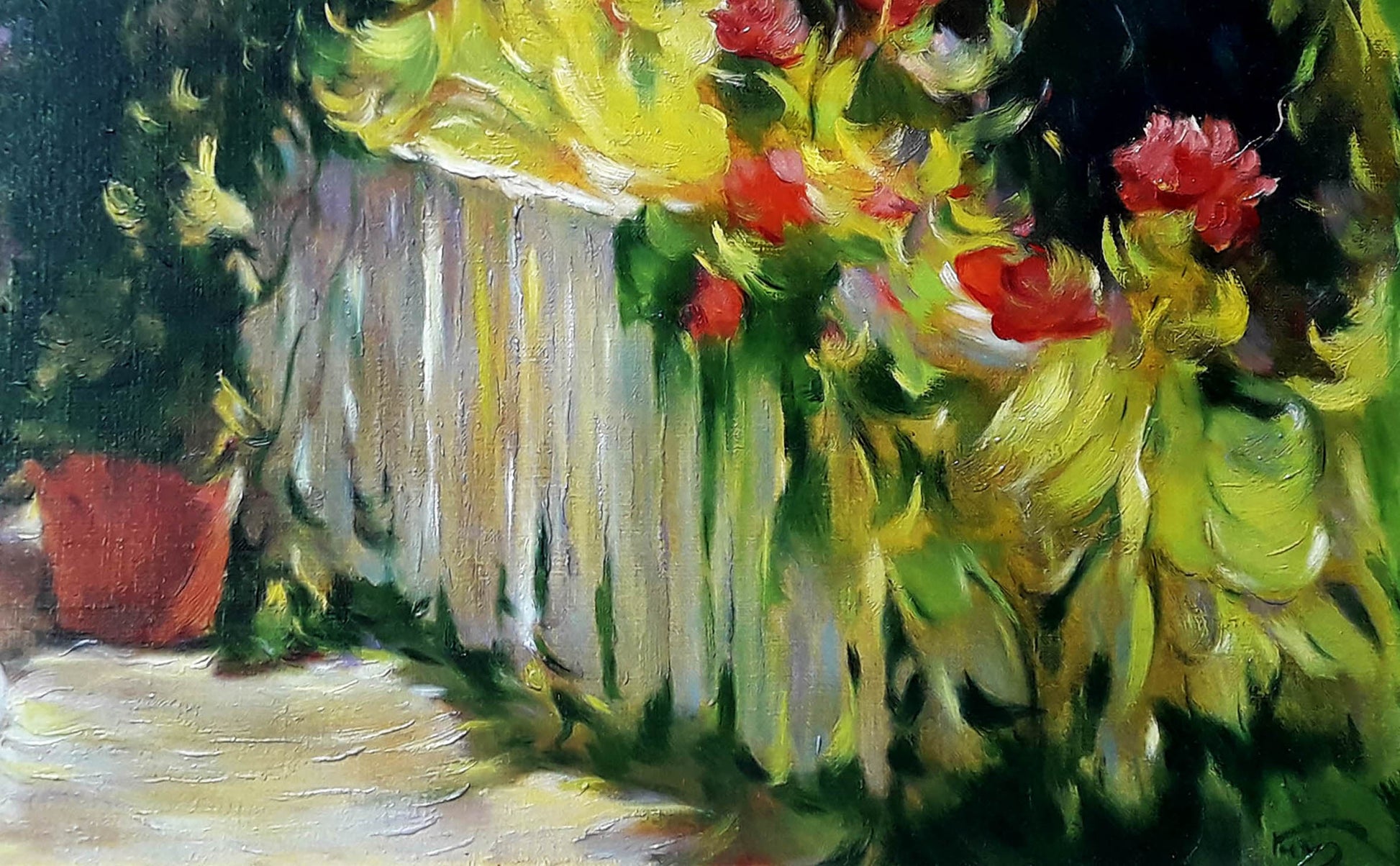 Summer in the Garden captured in an oil painting by Vasily Korkishko