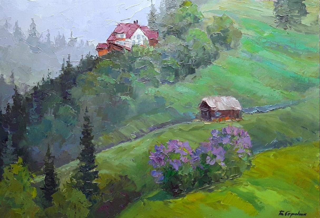 Boris Petrovich Serdyuk's artistic portrayal of rain cascading through the mountains in oil