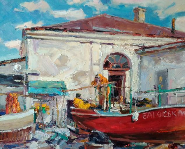 Oil painting Fishermen's yard Alexander Nikolaevich Cherednichenko