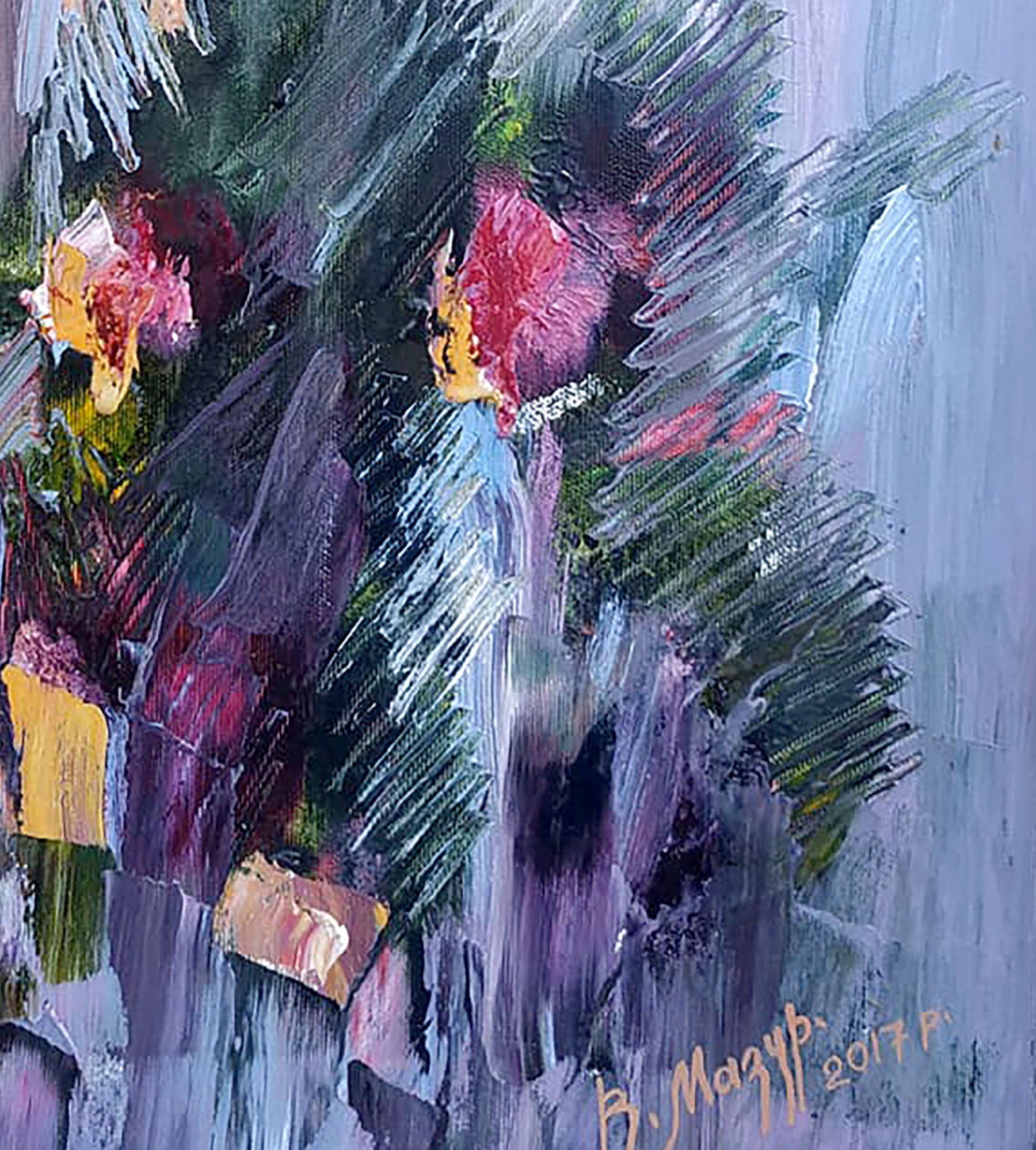 Oil painting showcasing abstract flowers on a purple background by Vladimir Mazur