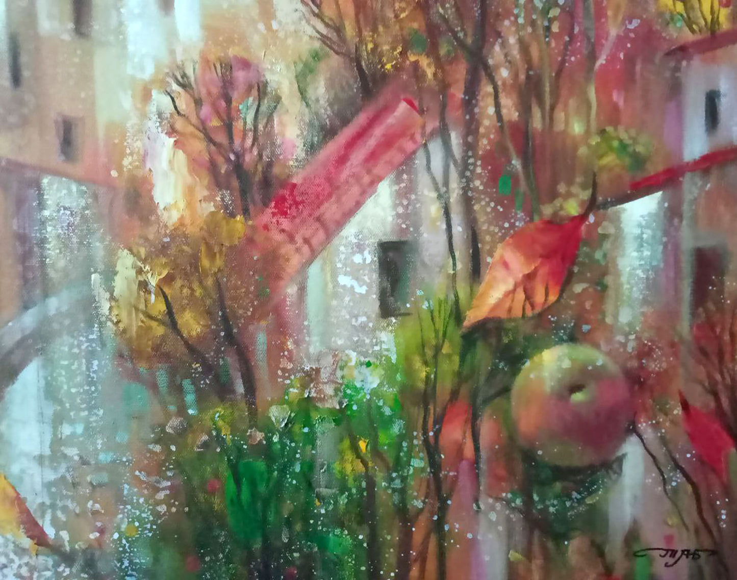 Colorful abstract oil painting "Autumn in the City" by Borisovich Tarabanov.