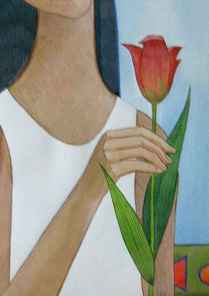 Watercolor painting Girl with tulips Savenets Valery