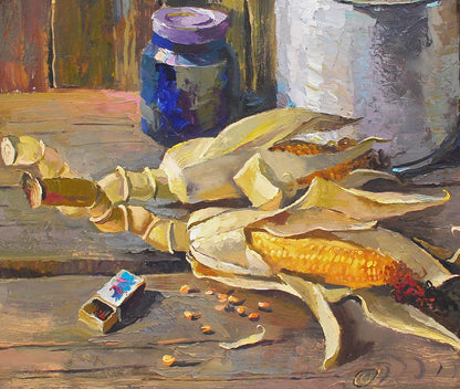 Oil artwork featuring a still life of corn arranged on a table by Egor Shvachunov