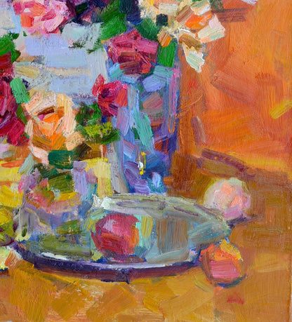 Roses by the Window portrayed in an oil painting by Vyacheslav Pereta