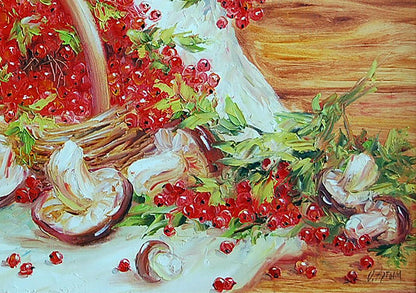 Oil painting Viburnum and mushrooms Artim Olga