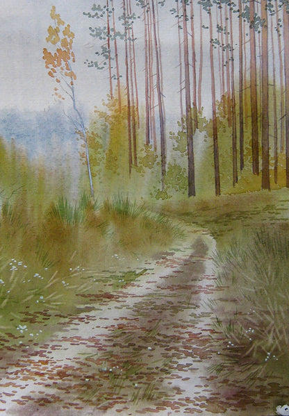 Watercolor painting Autumn road in the forest Valery Savenets