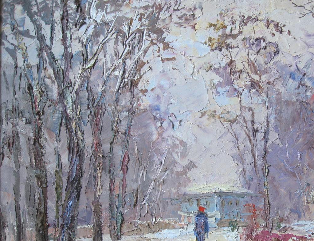 Winter Walk portrayed in an oil painting by Boris Petrovich Serdyuk
