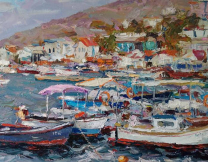 Boats Near the Pier portrayed in an oil painting by Alexander Nikolaevich Cherednichenko