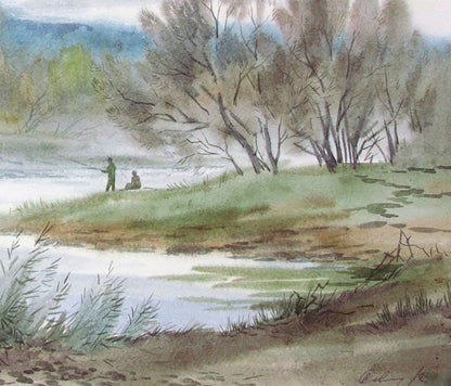 Watercolor painting Fishing on a warm autumn day Valery Savenets