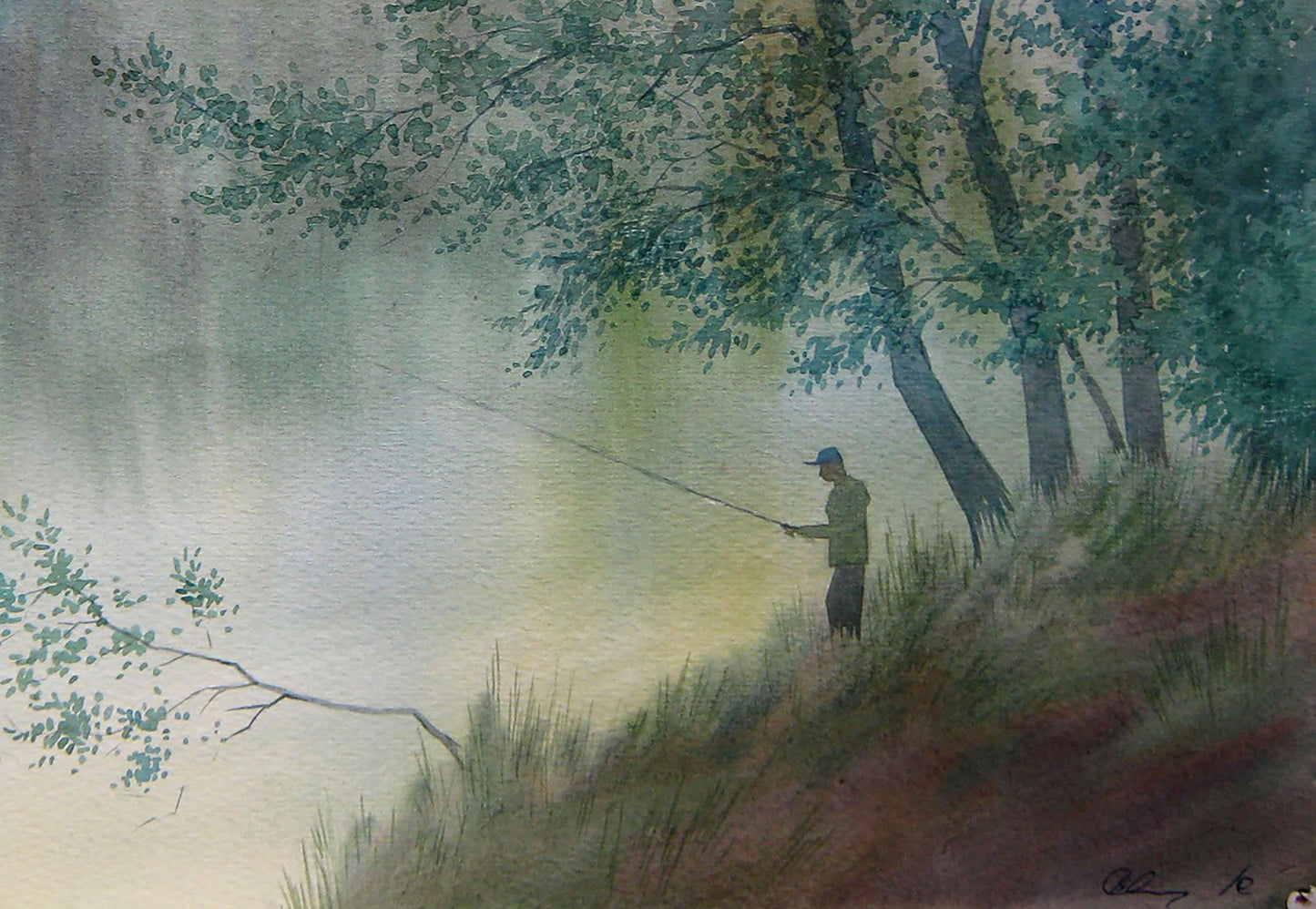 Watercolor painting Early fishing on the lake Valery Savenets