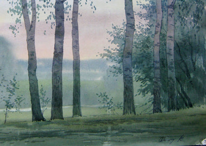 Valery Savenets' exquisite watercolor captures the beauty of "Birches in the Forest"