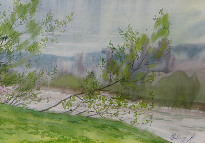 Savenets' watercolor artwork, "Gloomy Day," illustrating the subdued ambiance of a cloudy day.