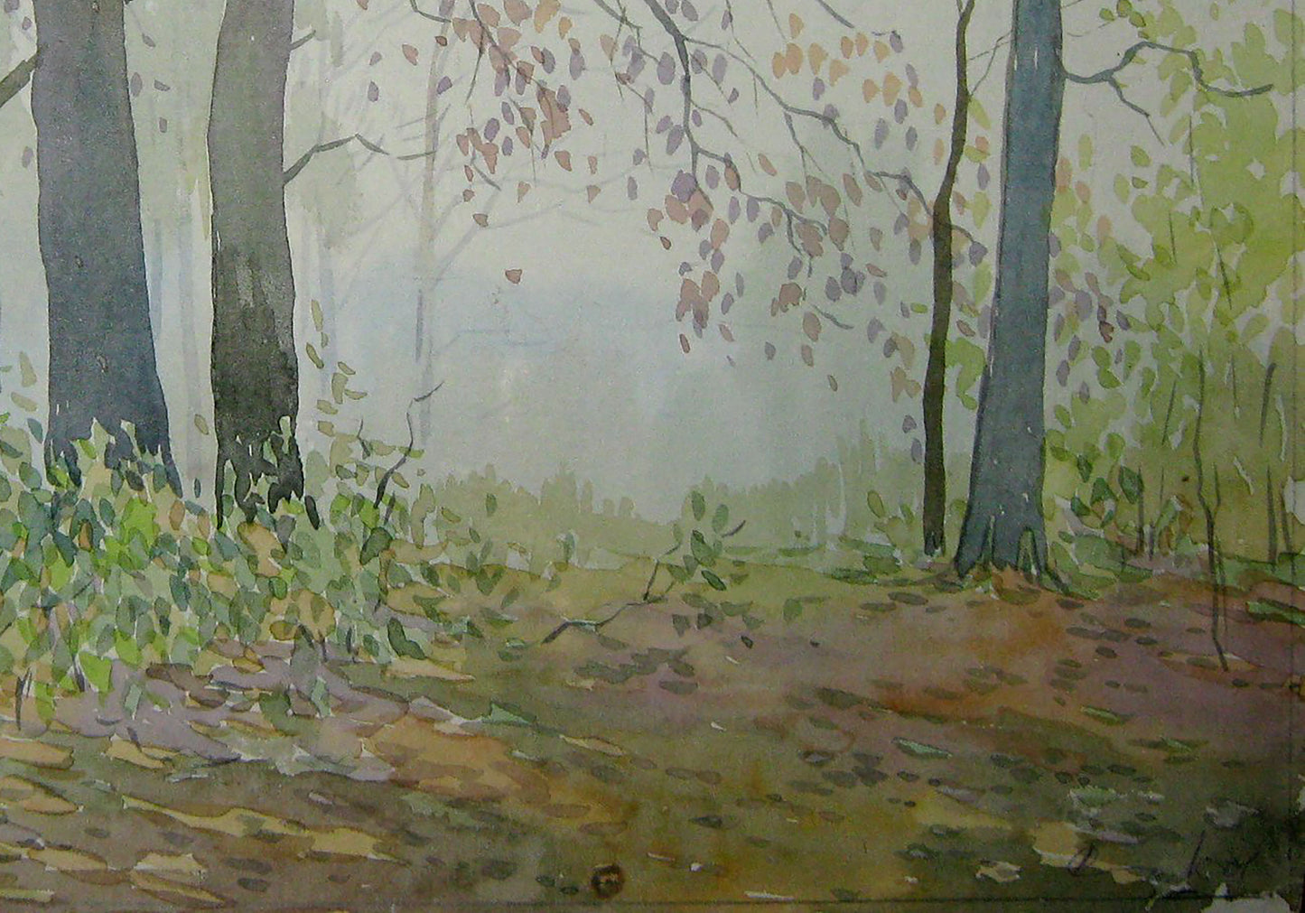 Watercolor painting Foggy forest Savenets Valery