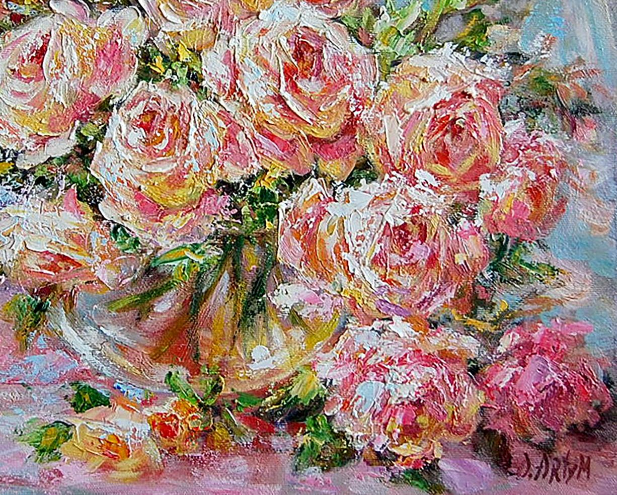 Oil painting of ten pink roses by Olga Artym