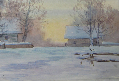 Watercolor painting Winter evening Savenets Valery