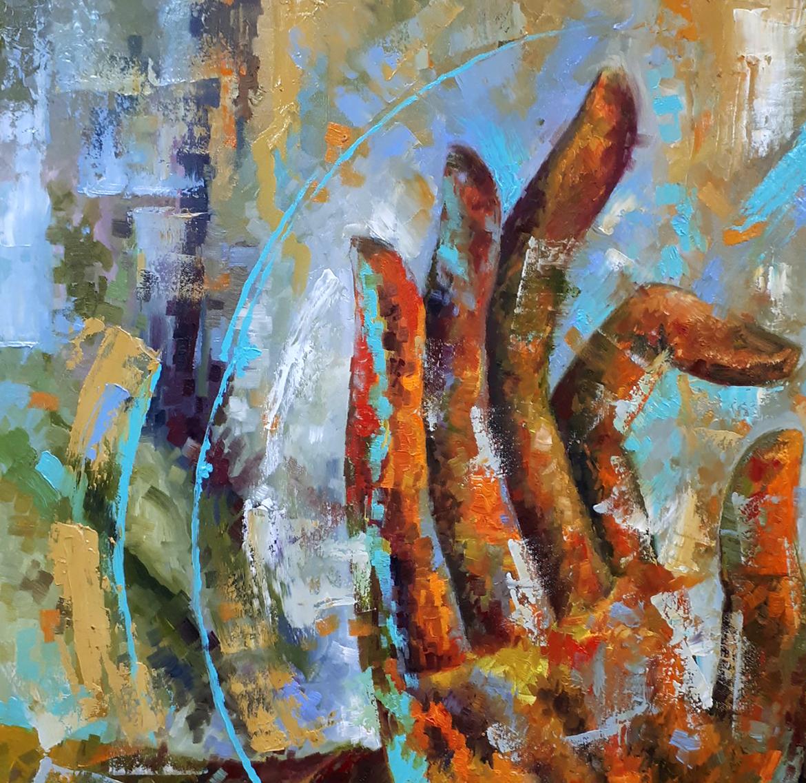 The artwork captures the symbolic significance of Buddha's hand in oil