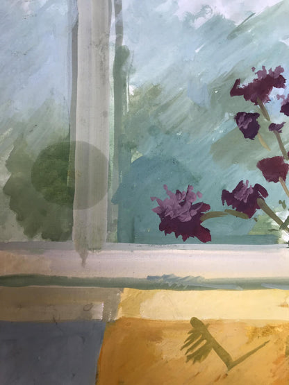 Gouache painting Flowers on the windowsill Unknown artist