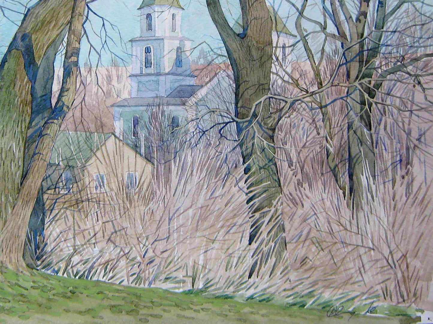 Watercolor painting Church in the village Valery Savenets