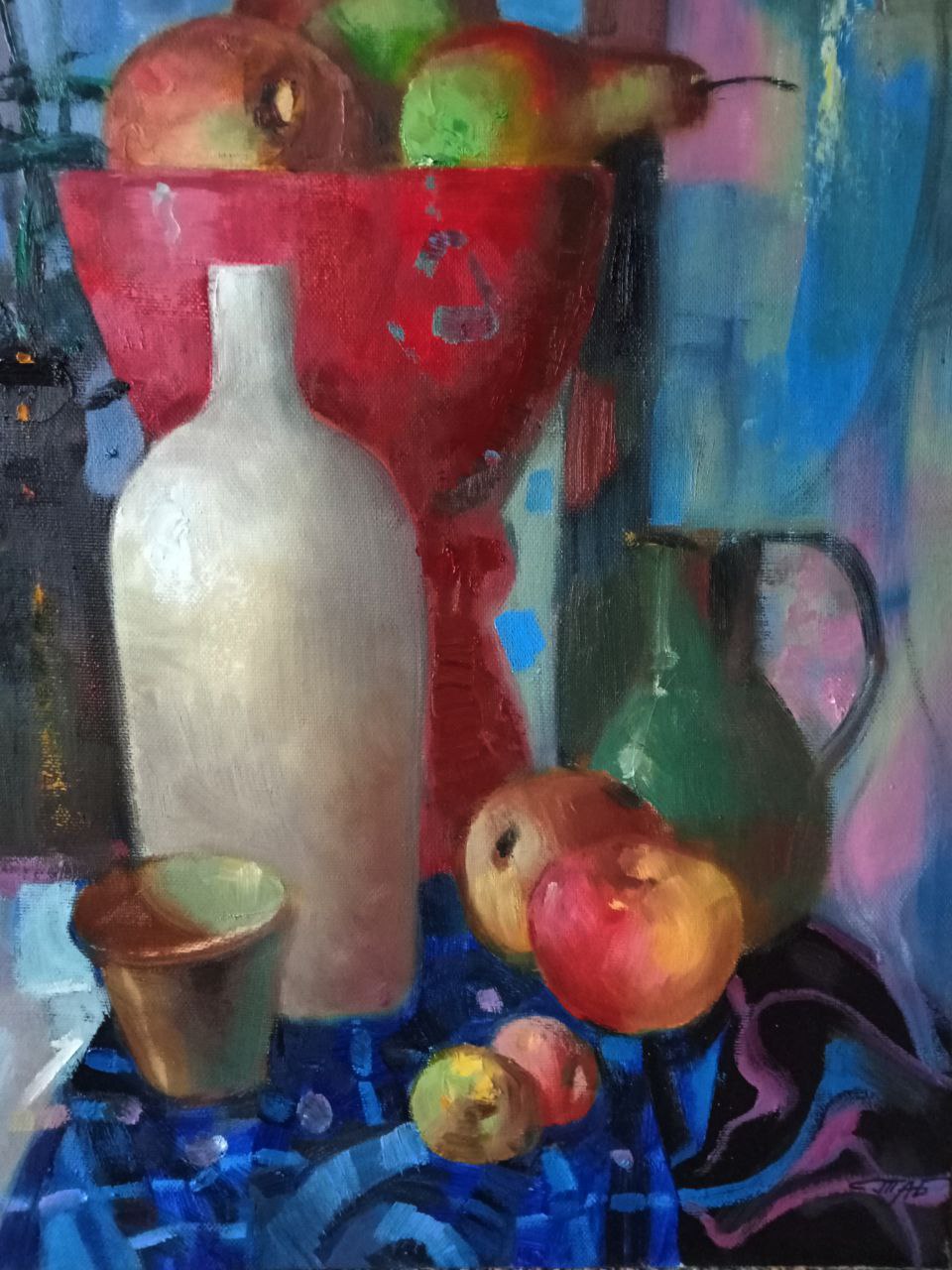 Oil painting Lamps and fruits on the table Anatoly Tarabanov