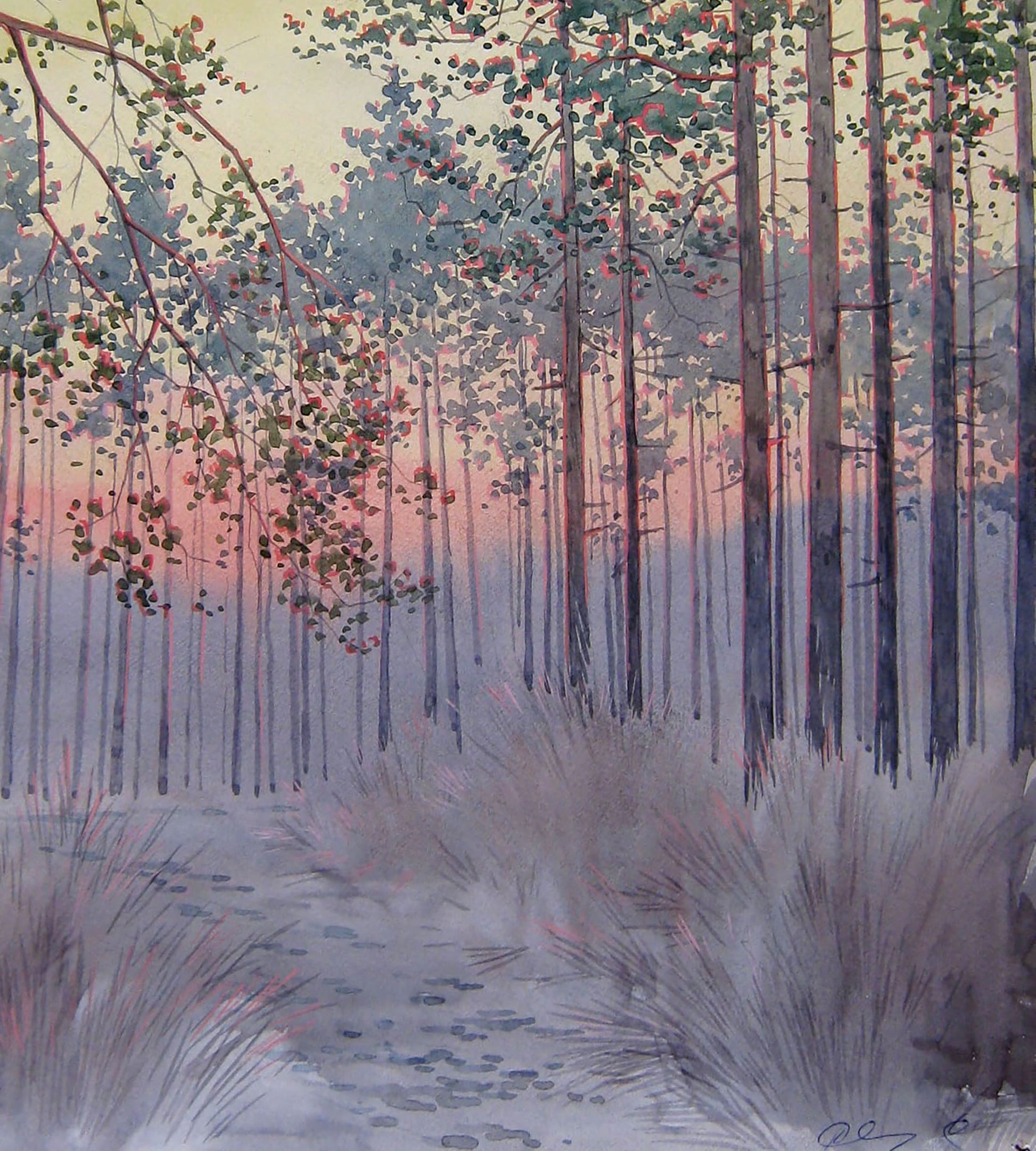 The watercolor piece "February Sunset in the Forest" by Valery Savenets