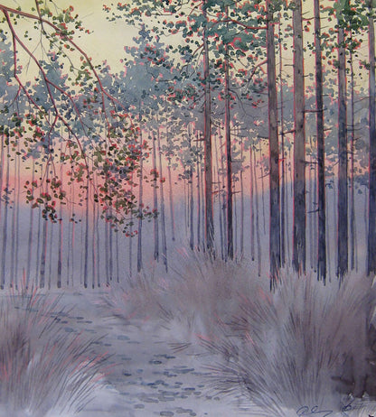 The watercolor piece "February Sunset in the Forest" by Valery Savenets