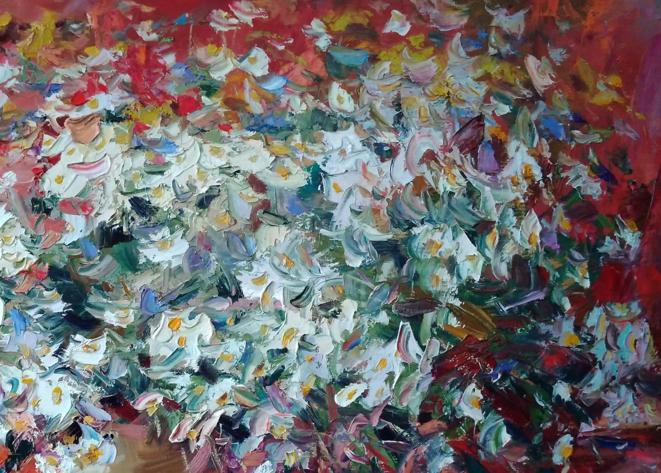 Daisies on a Red Background, an oil painting by Alexander Nikolaevich Cherednichenko