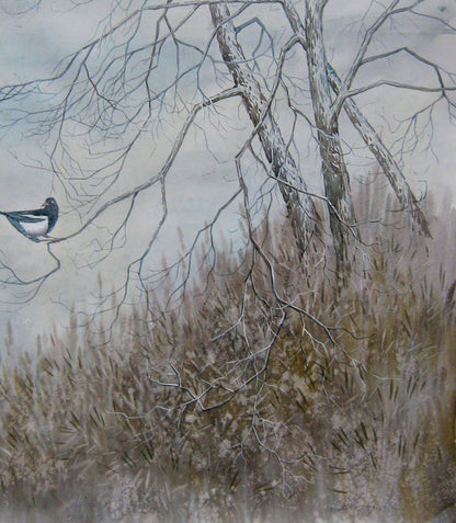 Watercolor painting Magpie on bare branches Valery Savenets