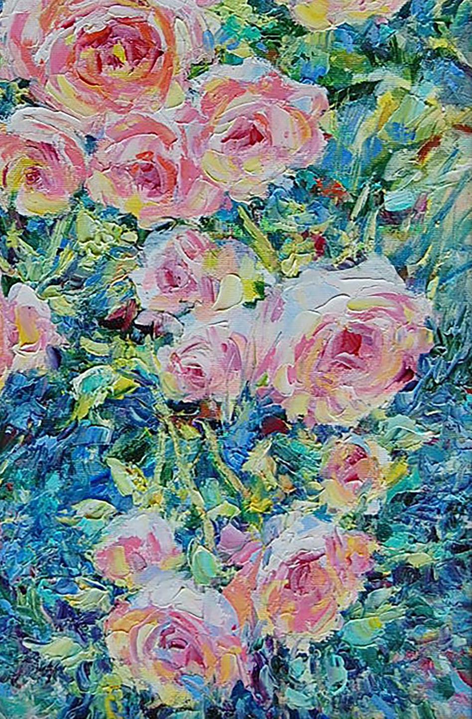 Olga Artim's oil painting conveys the scene of roses falling from a basket