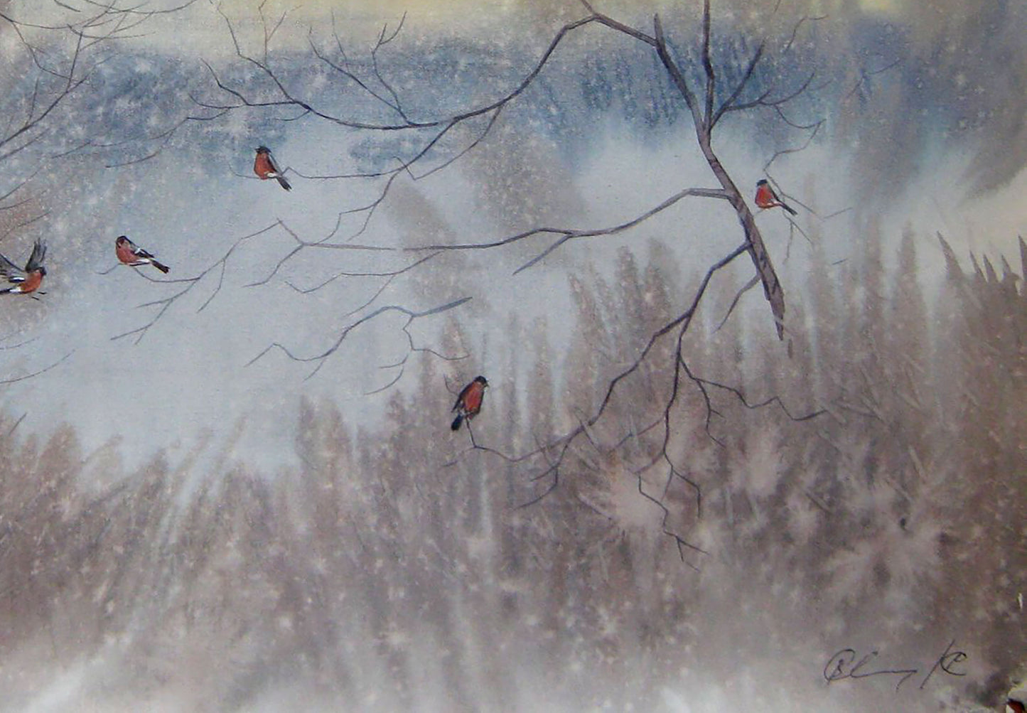 Watercolor painting Bullfinches Savenets Valery