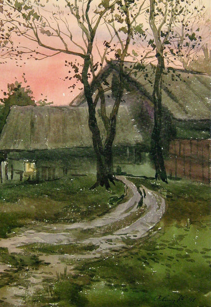 Watercolor painting Evening in the village Savenets Valery