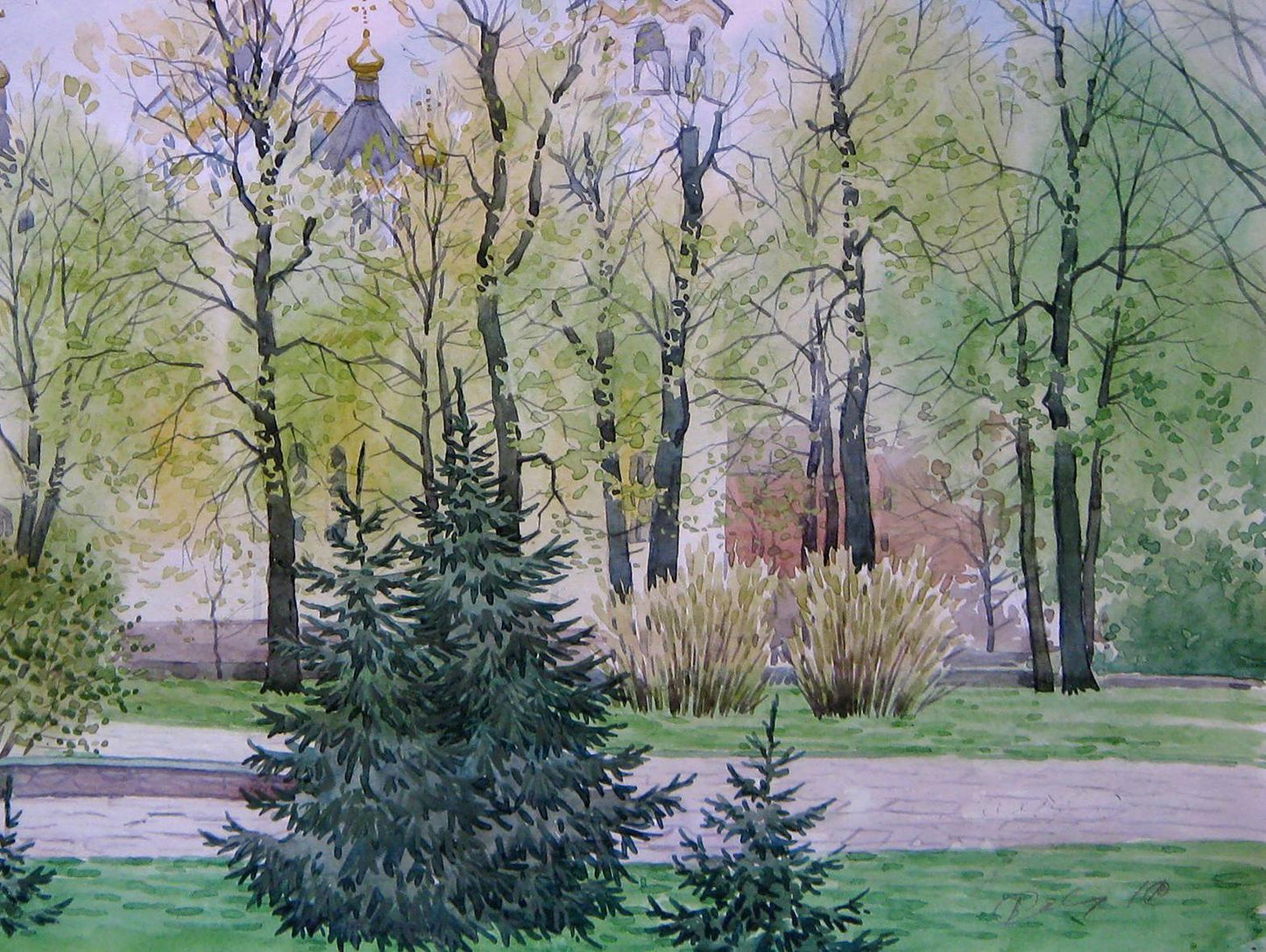 Watercolor painting Blooming April Park Valery Savenets