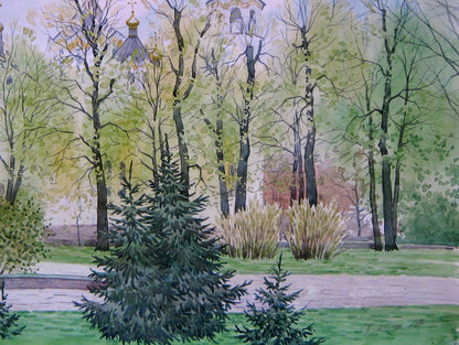 Watercolor painting Blooming April Park Valery Savenets