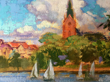 Oil painting Summer sailboats in the city Vladimir Batrakov