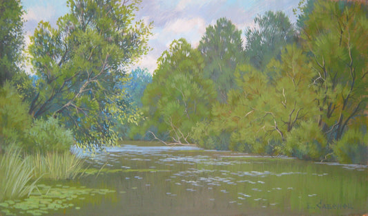 Acrylic painting River in the forest Savenets Valery