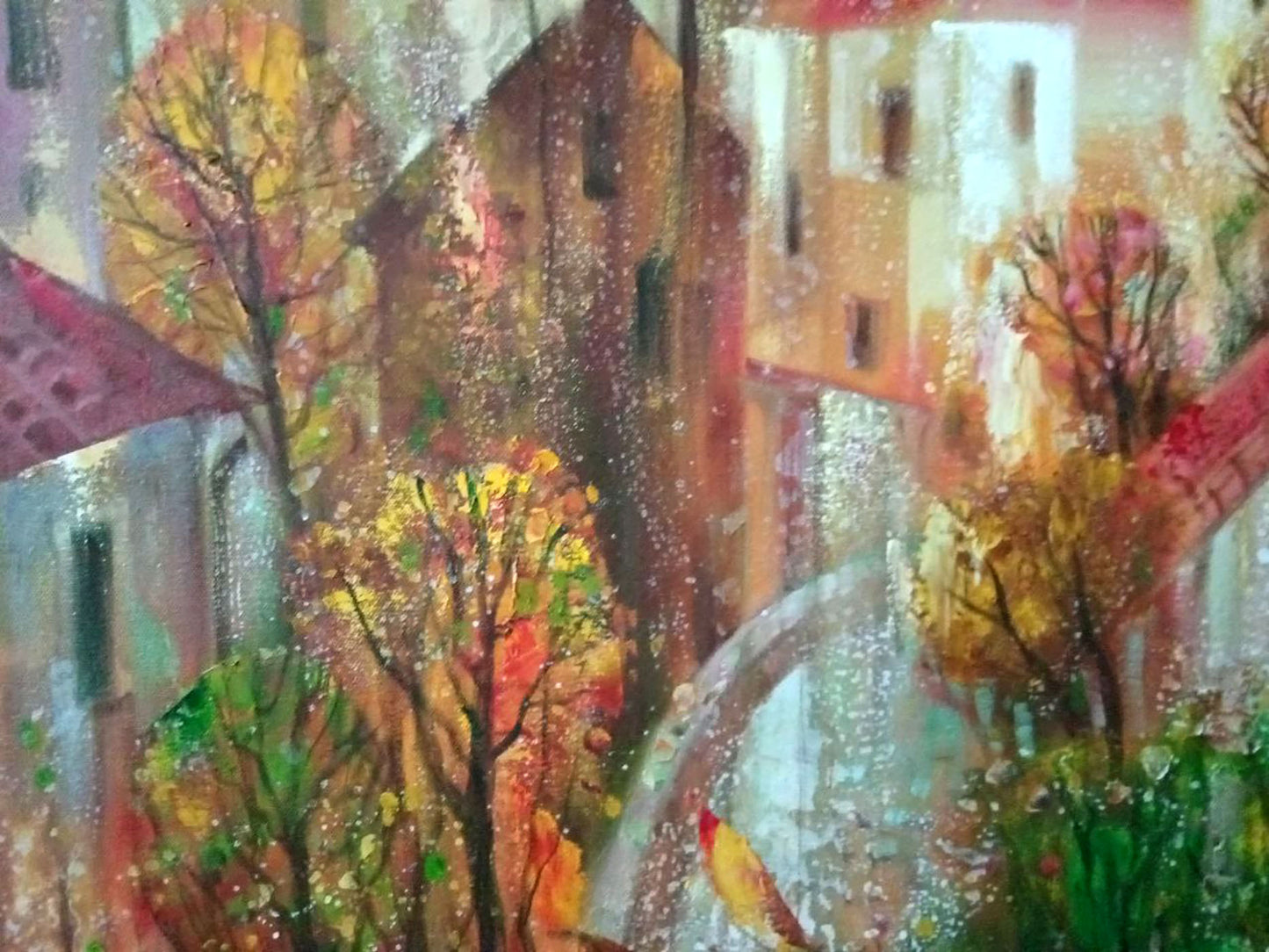 Autumn in the City by Borisovich Tarabanov, an abstract oil painting with urban and fall elements.