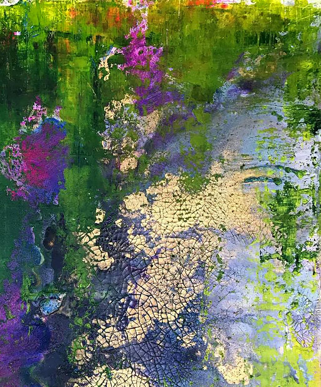 Olga Melezhik's acrylic painting portrays a garden filled with lilacs
