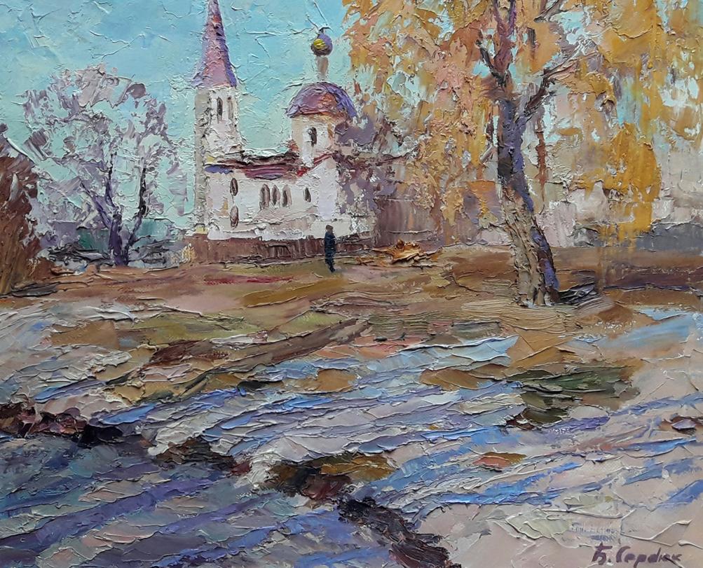 Oil painting Winter landscape with a temple Serdyuk Boris Petrovich