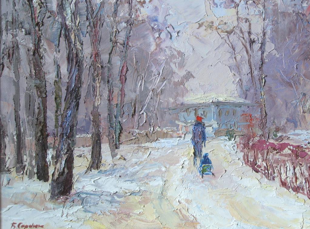 Oil artwork featuring a "Winter Walk" by Boris Petrovich Serdyuk