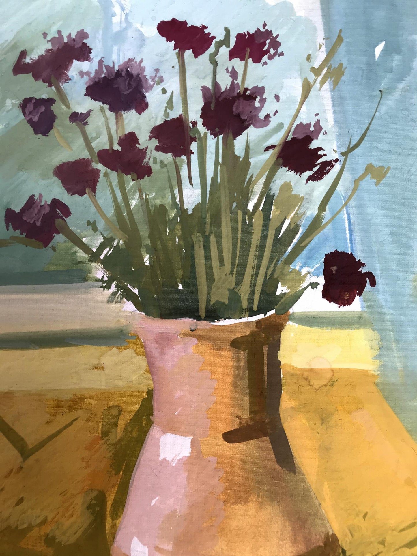 Gouache painting Flowers on the windowsill Unknown artist