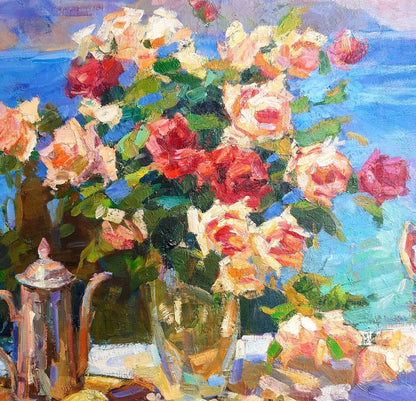 A picturesque oil painting by Vyacheslav Pereta, featuring roses and a yacht on the sea