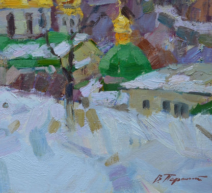 Oil artwork featuring "Winter in the Lavra" by Vyacheslav Pereta