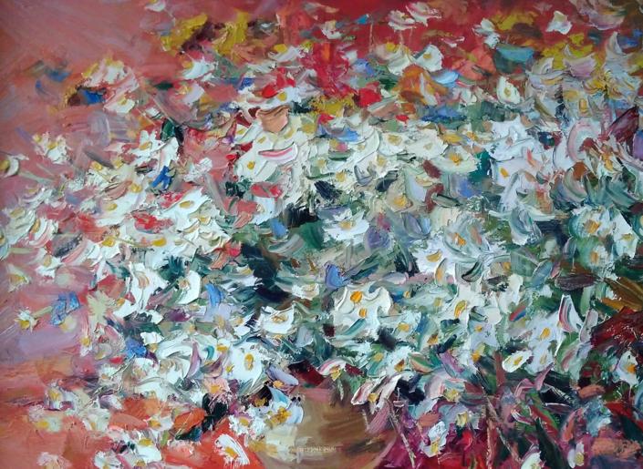 Alexander Nikolaevich Cherednichenko uses oil to illustrate daisies against a red backdrop