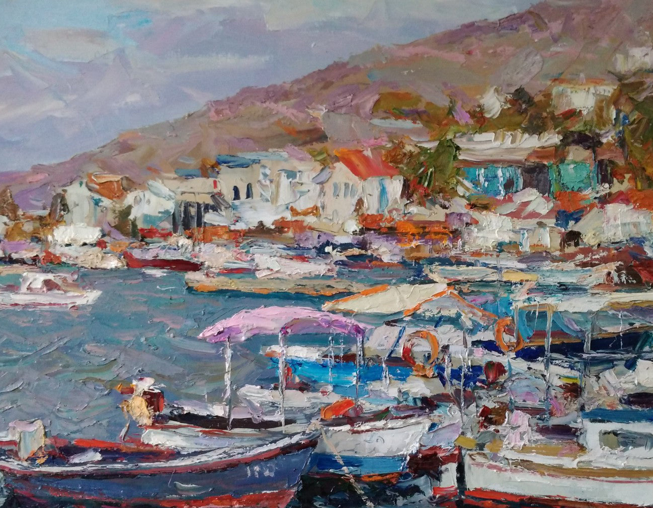 Oil artwork featuring "Boats Near the Pier" by Alexander Nikolaevich Cherednichenko