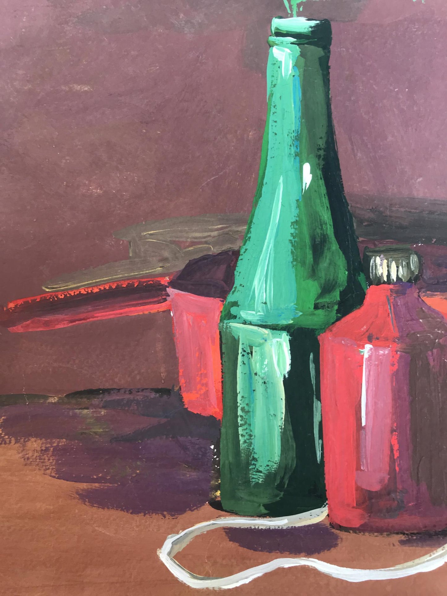 Gouache painting Iron and bottles Unknown artist