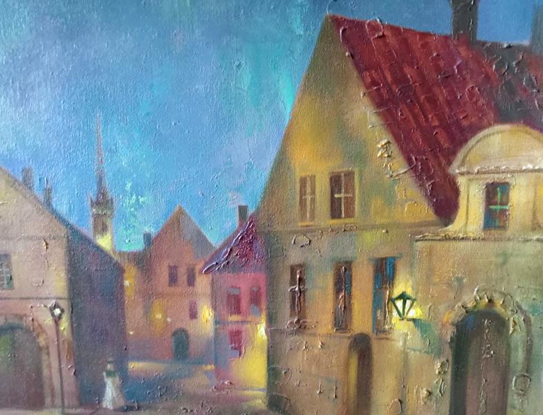 Oil painting Illuminated streets of the night city Anatoly Tarabanov